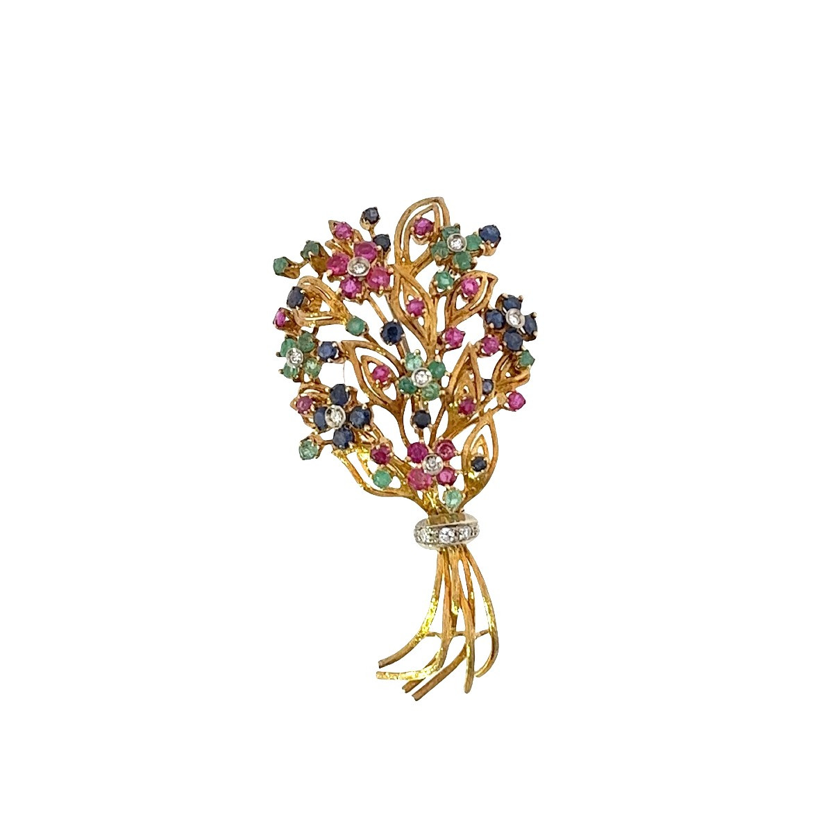 Broche bouquet de fleurs en pierres précieuses multicolores en or jaune 18 carats vintage