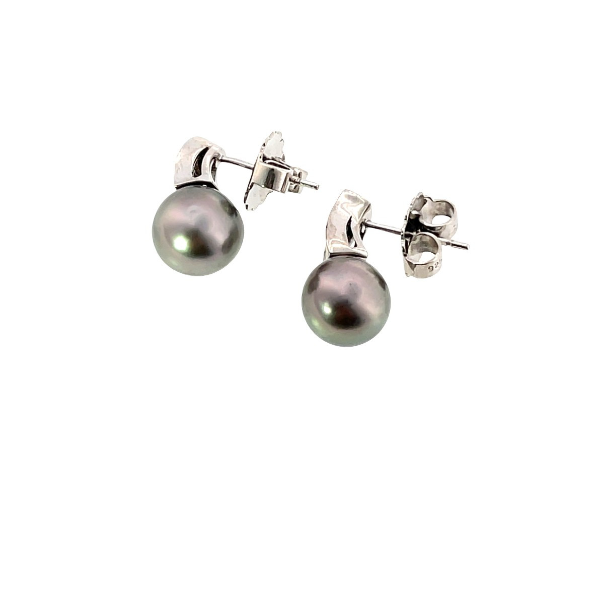 Natural Tahitian Pearl & Diamond Stud Earrings 18ct White Gold-photo-2