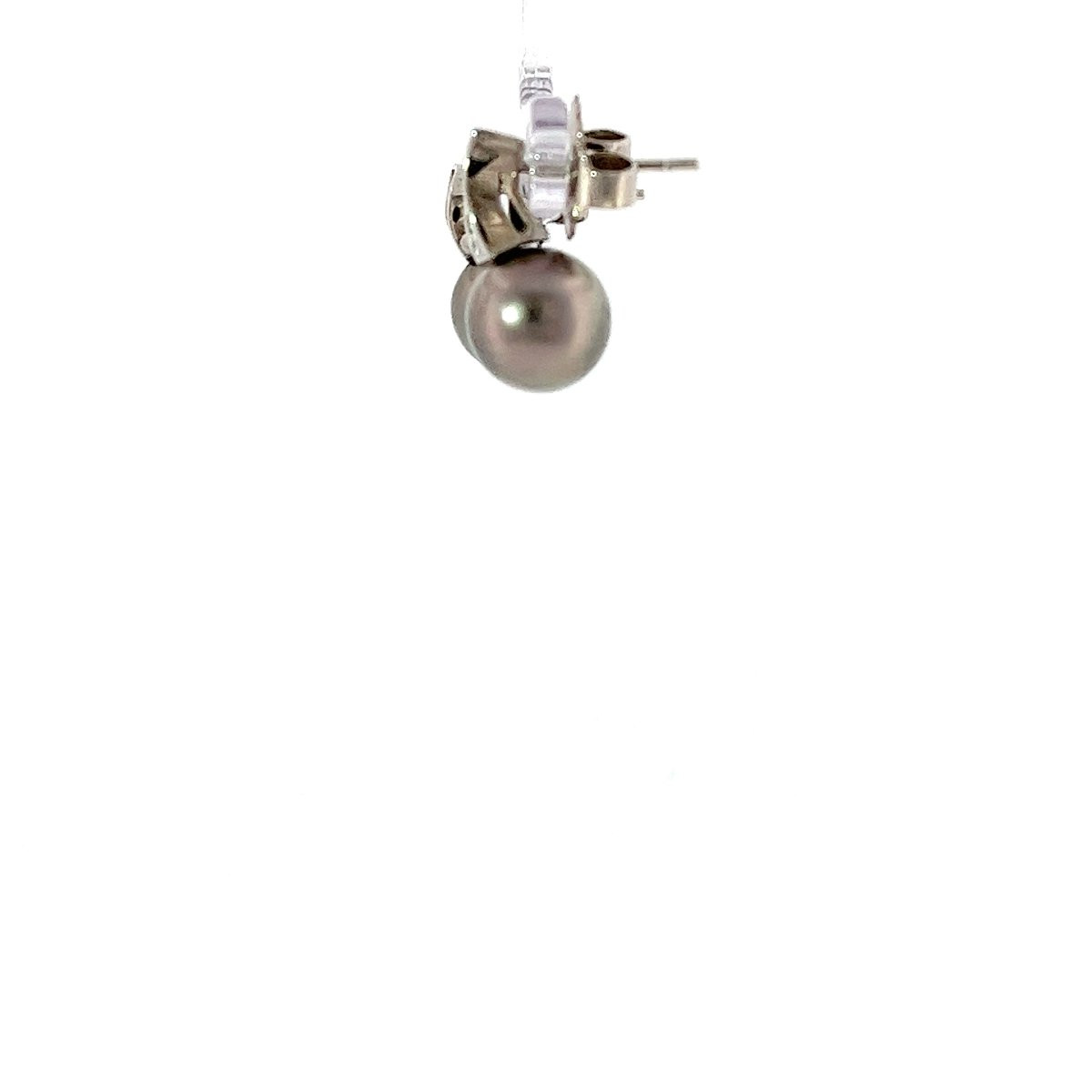 Natural Tahitian Pearl & Diamond Stud Earrings 18ct White Gold-photo-2