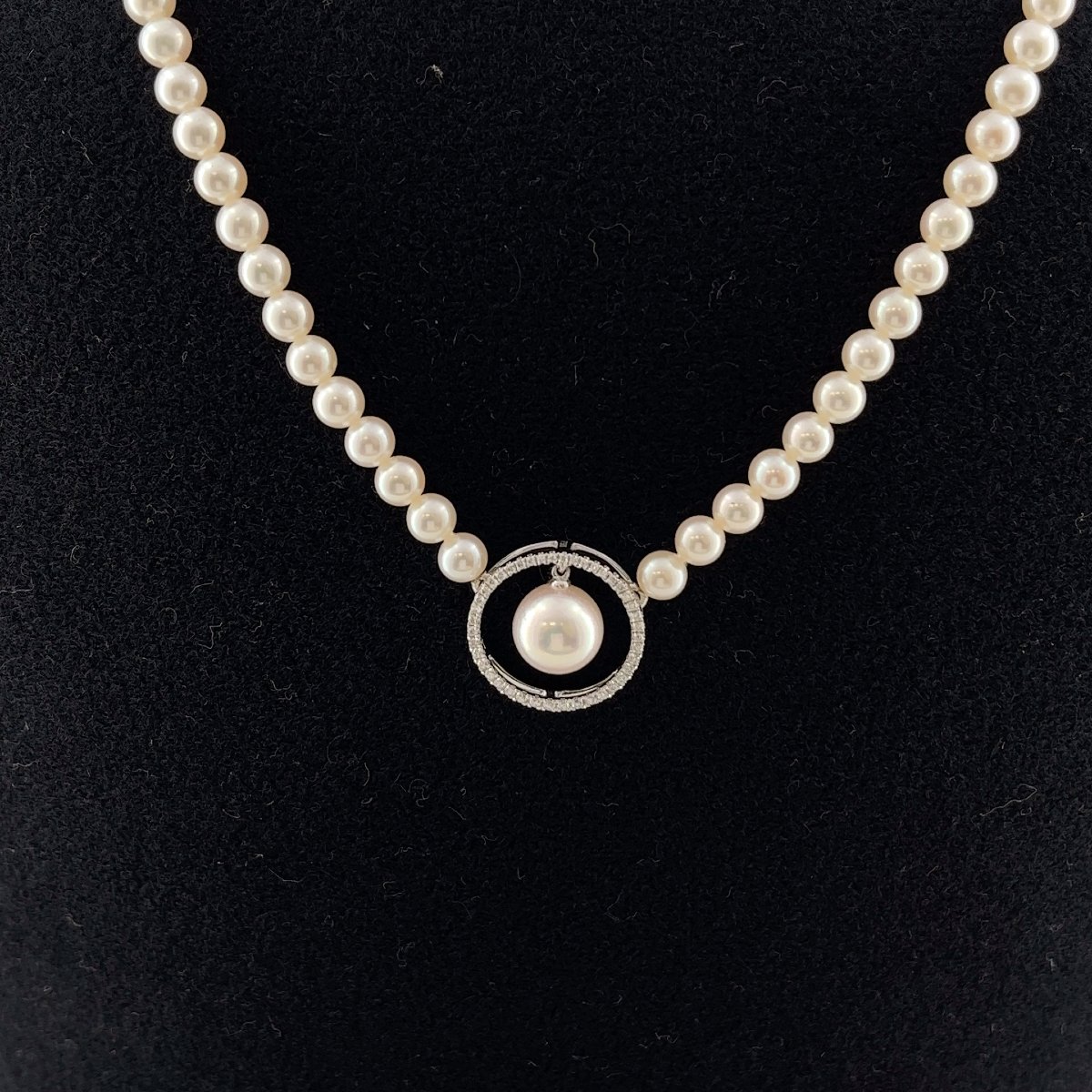 Ensemble de collier en perles vintage avec diamants de 0,30 ct – Or blanc 18 carats, 17"-photo-3