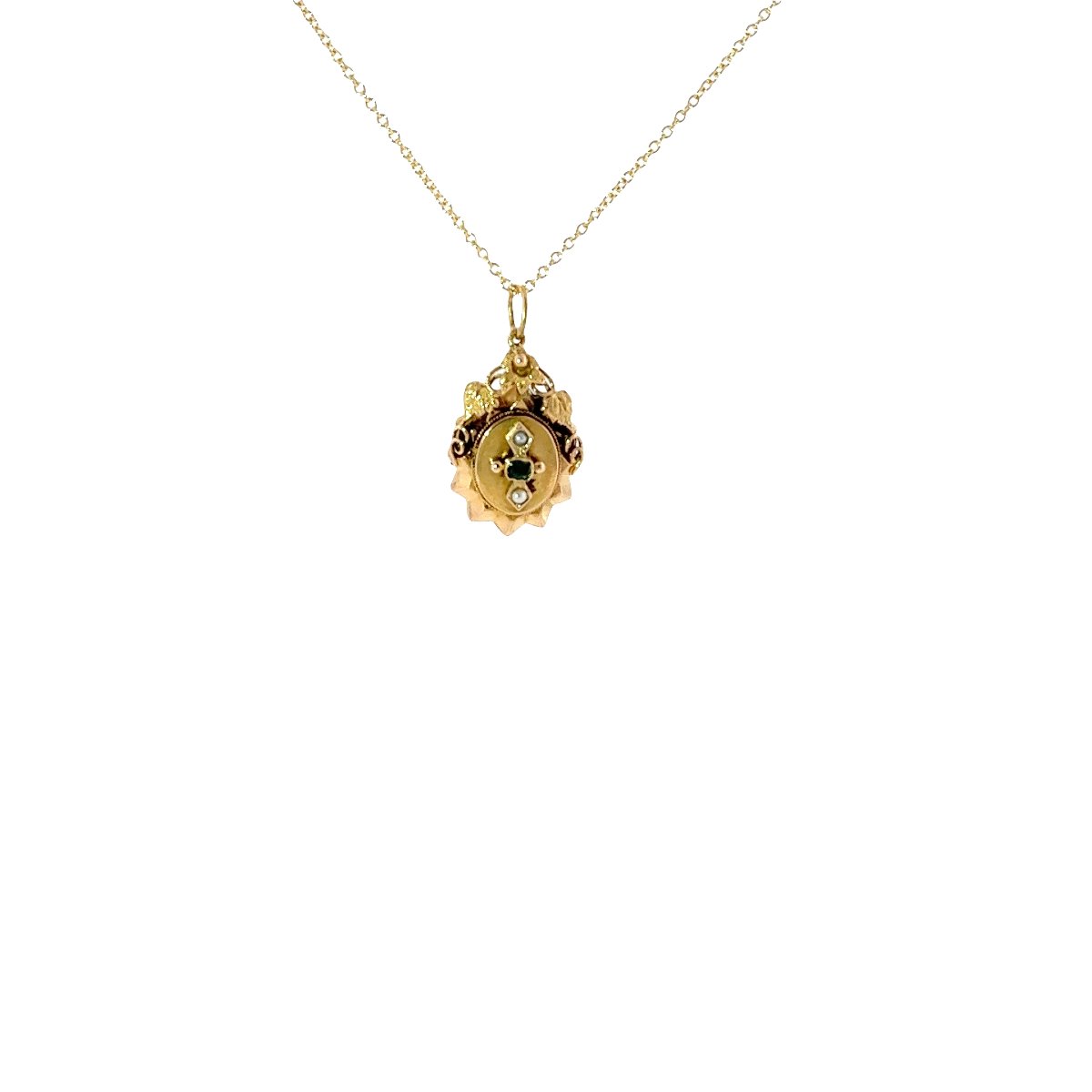 Pendentif vintage émeraude et perles de semence – or jaune 18 carats