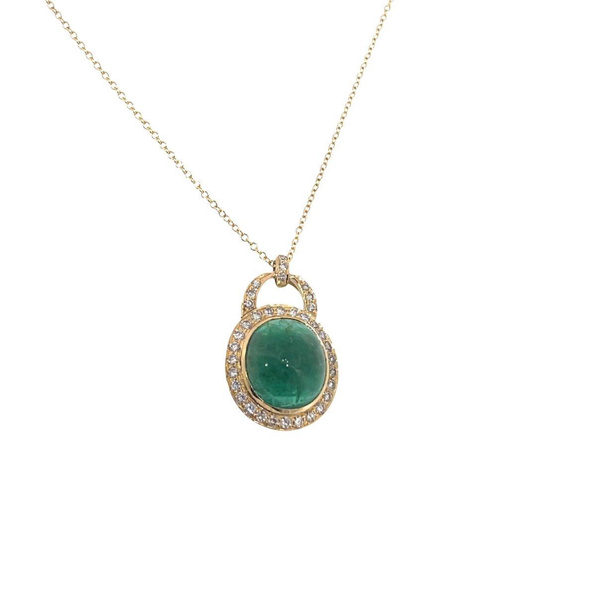 Pendentif en émeraude cabochon ovale et diamants – Design halo en or jaune 18 carats-photo-4