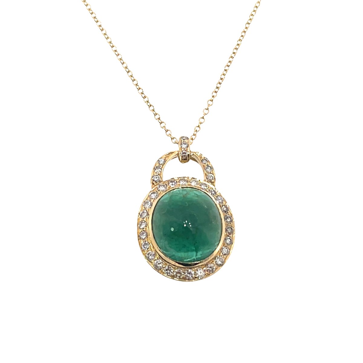 Pendentif en émeraude cabochon ovale et diamants – Design halo en or jaune 18 carats-photo-5