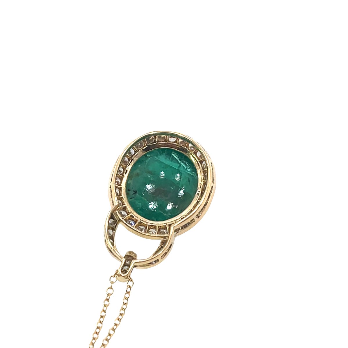 Pendentif en émeraude cabochon ovale et diamants – Design halo en or jaune 18 carats-photo-6
