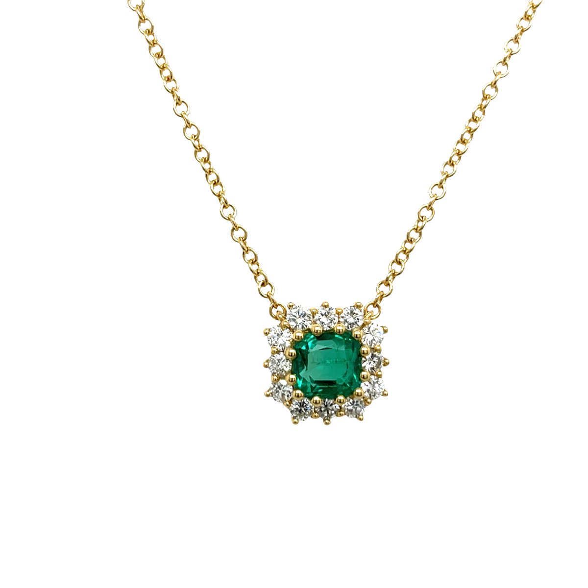 Pendentif en émeraude et diamant jaune 18 carats sur chaîne de 16 pouces