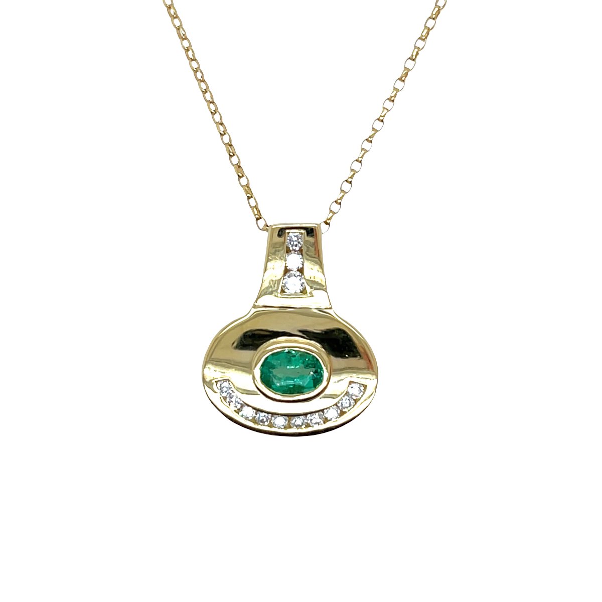 Pendentif en émeraude et diamant jaune 18 carats sur chaîne de 16 pouces