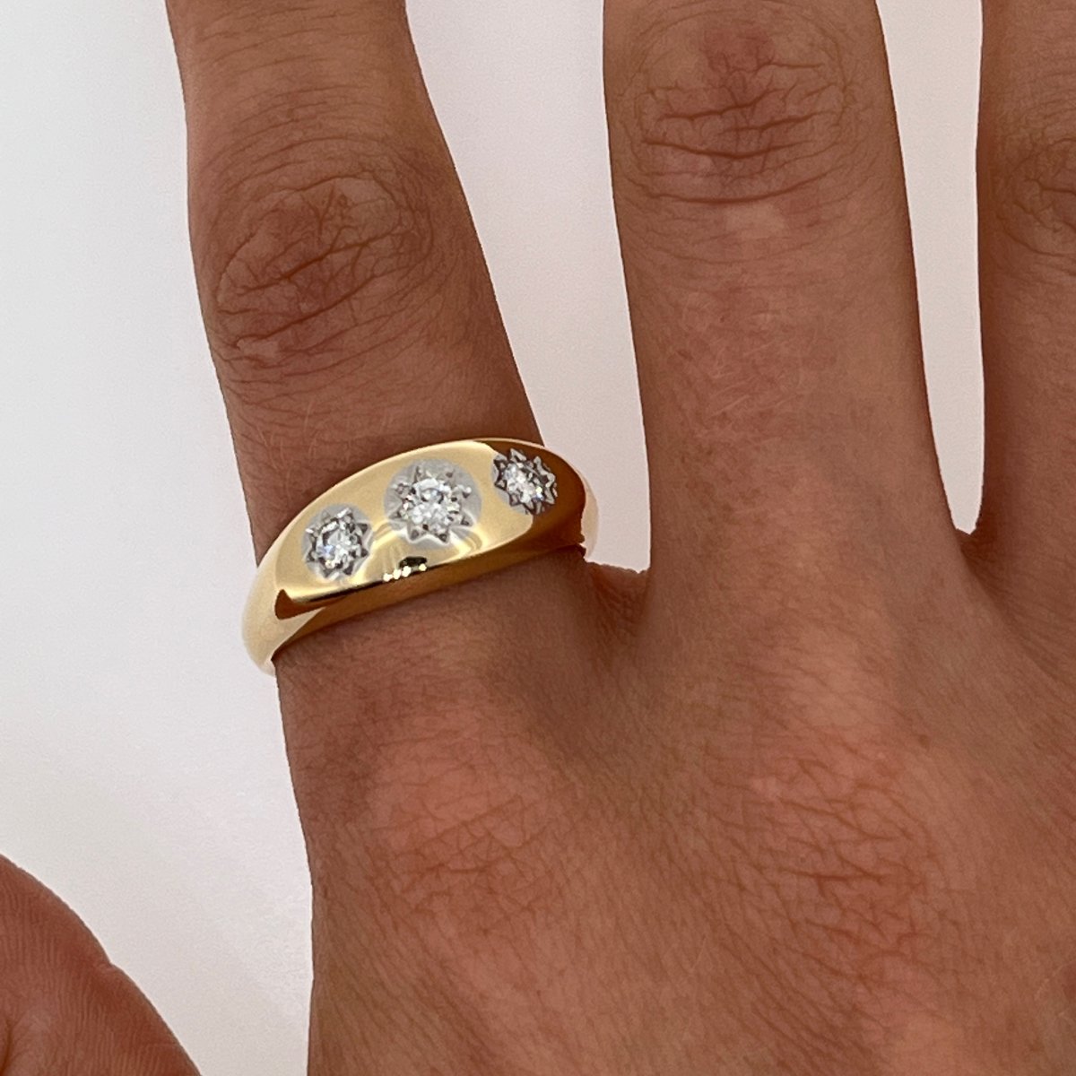 Bague gypsy vintage à 3 diamants – Or jaune 18 carats, 0,40 ct de diamants naturels-photo-4