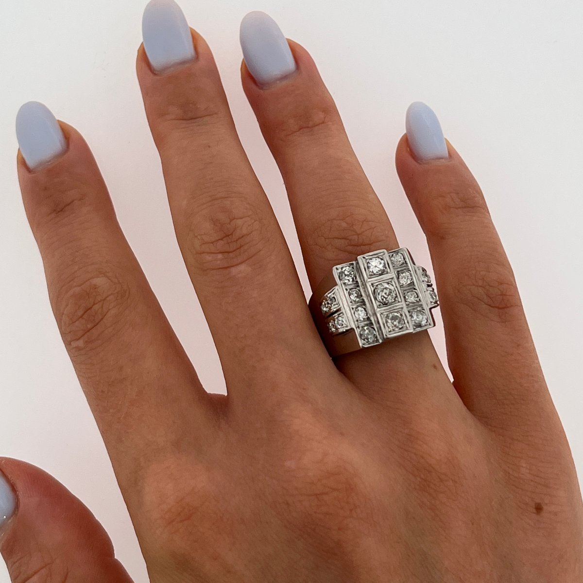 Bague vintage à 4 rangées de diamants, or blanc 18 carats, 0,60 carat au total-photo-3