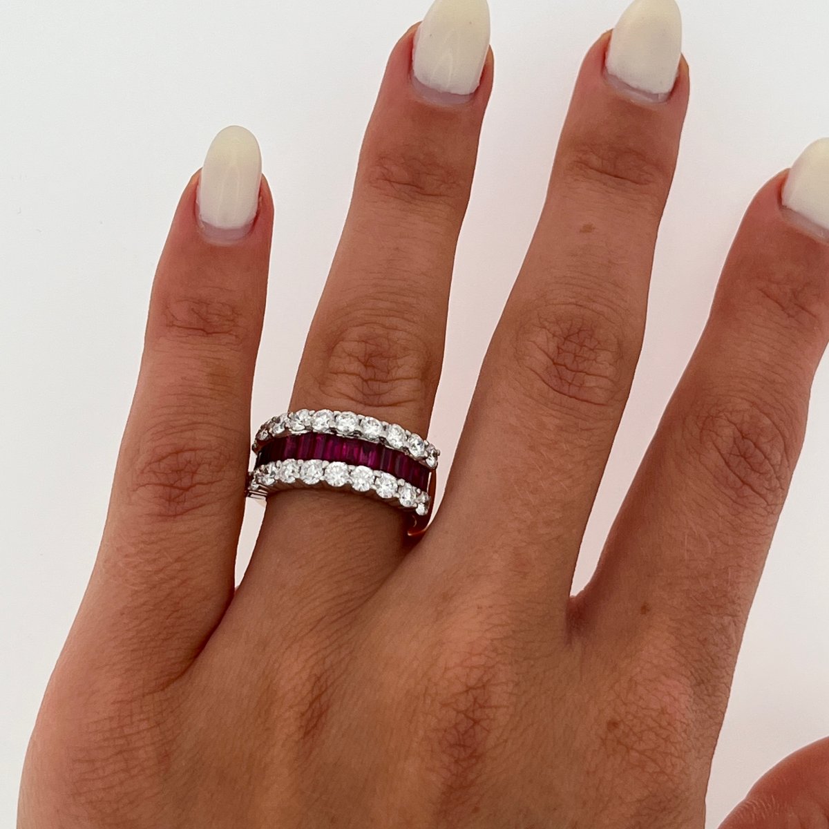 Bague Diamant & Rubis à 3 Rangées – Or Jaune et Blanc 18 carats – Diamants 1,68 ct-photo-3