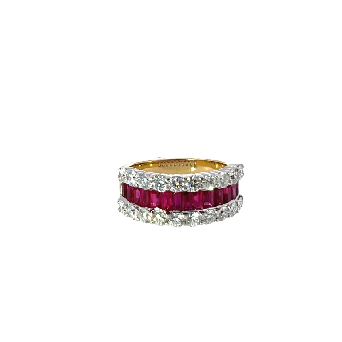 Bague Diamant & Rubis à 3 Rangées – Or Jaune et Blanc 18 carats – Diamants 1,68 ct