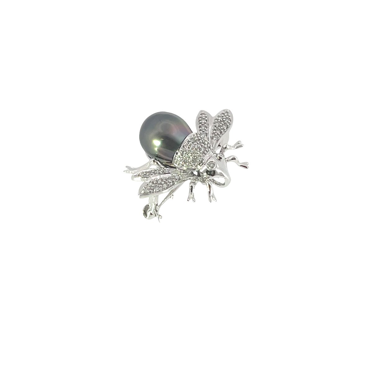 Broche / Pendentif Abeille en Perle des Mers du Sud Vintage & Diamants Pavé – Or Blanc 14 carat-photo-3