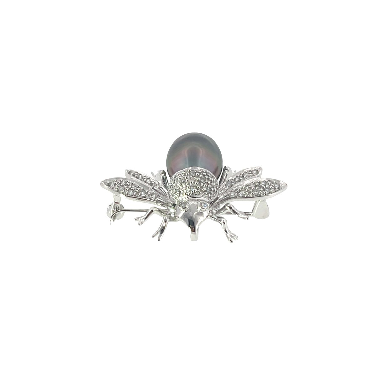 Broche / Pendentif Abeille en Perle des Mers du Sud Vintage & Diamants Pavé – Or Blanc 14 carat-photo-4