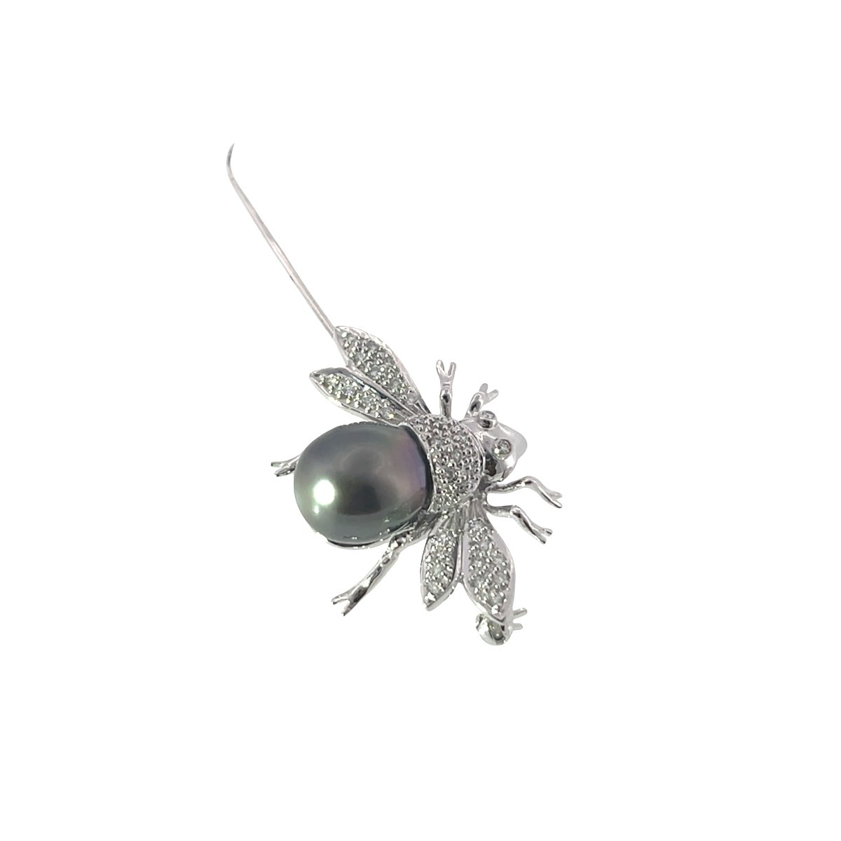 Broche / Pendentif Abeille en Perle des Mers du Sud Vintage & Diamants Pavé – Or Blanc 14 carat-photo-1