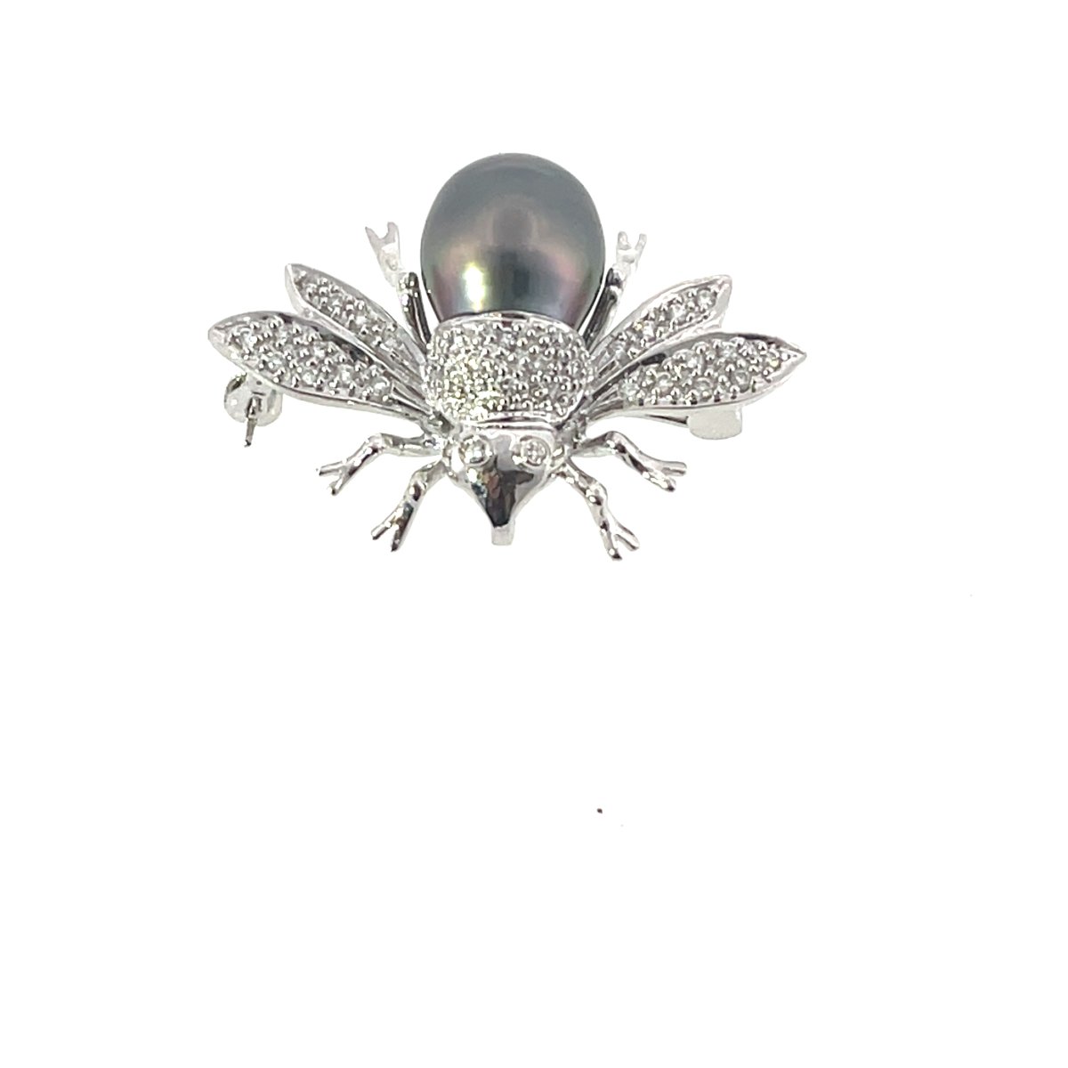 Broche / Pendentif Abeille en Perle des Mers du Sud Vintage & Diamants Pavé – Or Blanc 14 carat