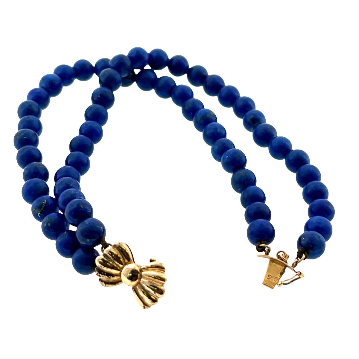 Bracelet en Lapis-Lazuli à 2 rangs – Fermoir nœud en or jaune 14 carats-photo-2