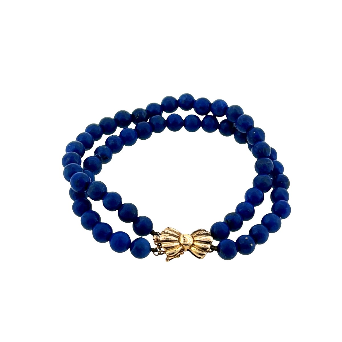 Bracelet en Lapis-Lazuli à 2 rangs – Fermoir nœud en or jaune 14 carats-photo-1