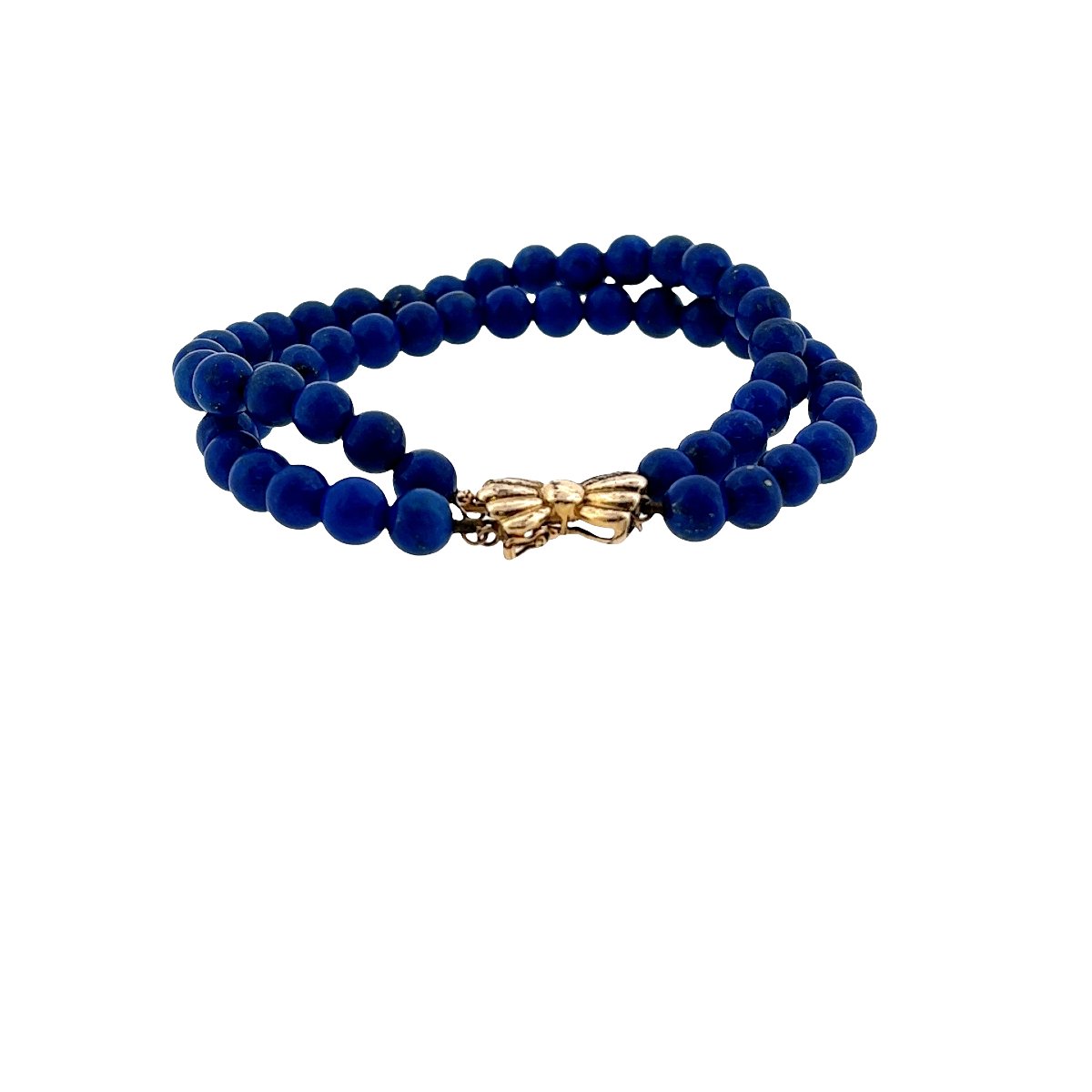 Bracelet en Lapis-Lazuli à 2 rangs – Fermoir nœud en or jaune 14 carats-photo-2