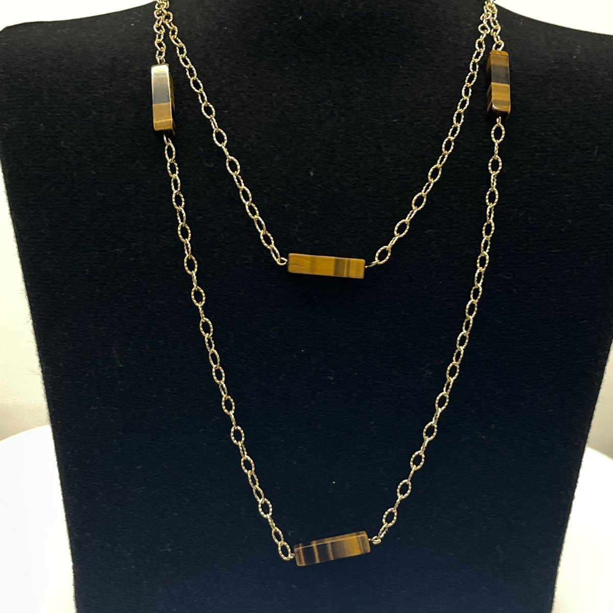 Collier chaîne en or 9 carats vintage avec 6 pierres œil de tigre