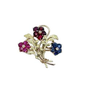 Vintage Brooch Set With Sapphires, Diamonds And Rubies