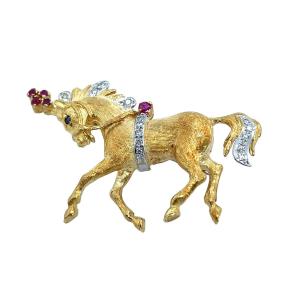 Broche Cheval Ben Rosenfeld 1969 – Or Jaune 18 Carats, Diamants Et Rubis