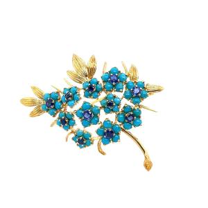 Broche Vintage Saphir Et Turquoise, Sertie Sur Or Jaune 18 Carats