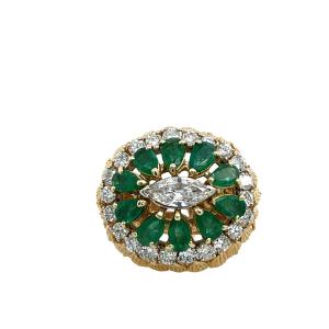 Vintage Gold Emerald & Diamond Dress Ring – 10 Pear Emeralds & 2.20ct Diamonds