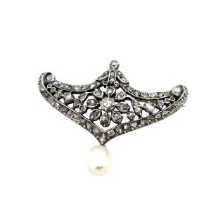 Broche ancienne en or 13 carats et argent avec diamant et perle pendante