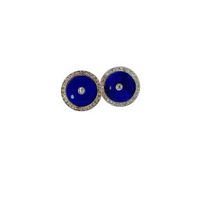 Antique Earrings In 14 Carat Gold With Blue Enamel - Victorian Cut Diamonds