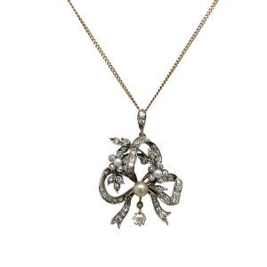 Vintage Pearl And Diamond Pendant - 9 Carat Yellow Gold Chain