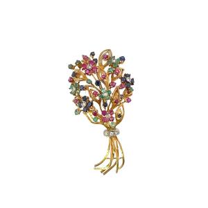 Broche bouquet de fleurs en pierres précieuses multicolores en or jaune 18 carats vintage
