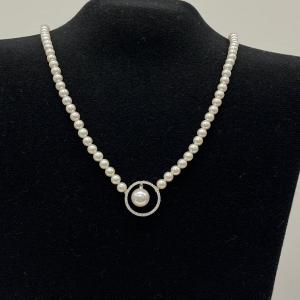 Ensemble de collier en perles vintage avec diamants de 0,30 ct – Or blanc 18 carats, 17"