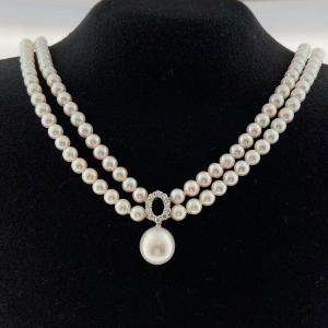 Ensemble de collier vintage à 2 rangs de perles avec diamant de 0,30 ct – or blanc 18 ct, 43 cm