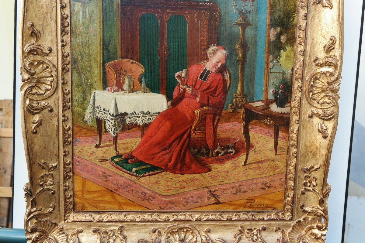 Hst Cardinal Prenant Le Thé Signé Rémo-photo-1
