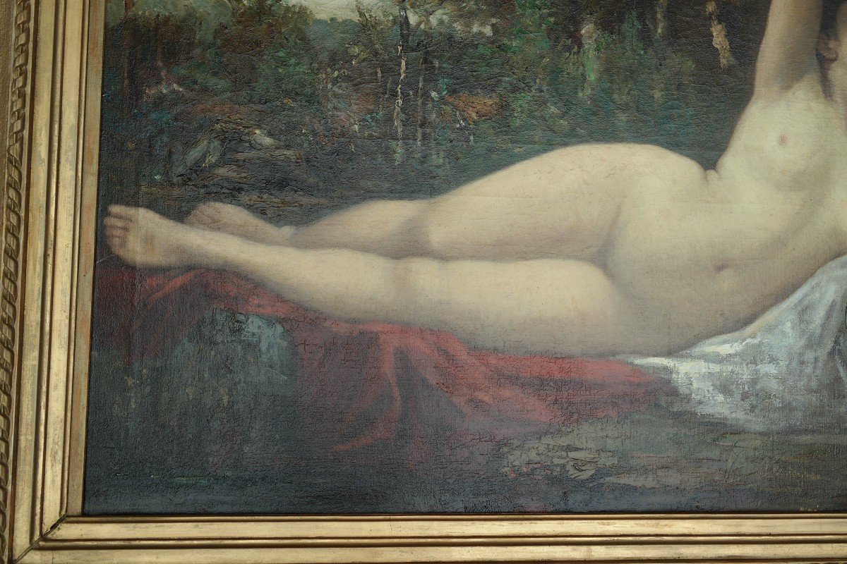 Nude With A Bird, Oil On Canvas By Alexis Ernest Charbonnier-photo-4