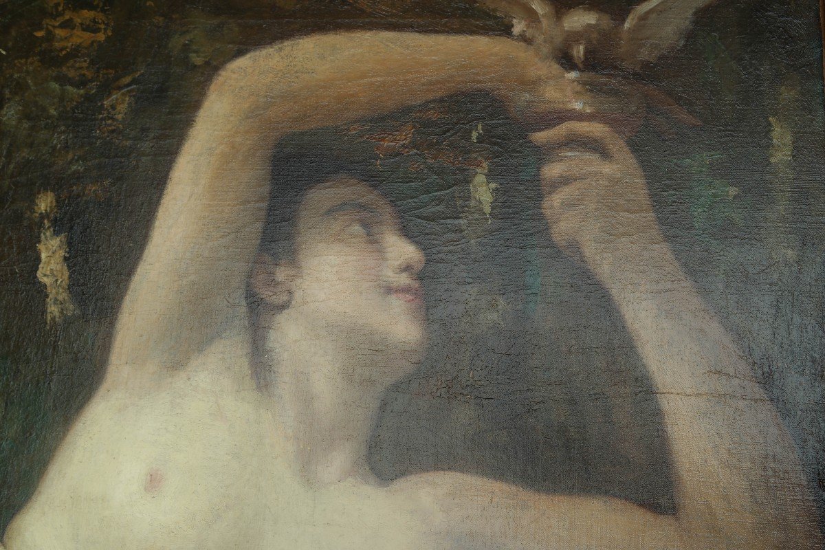 Nude With A Bird, Oil On Canvas By Alexis Ernest Charbonnier-photo-3
