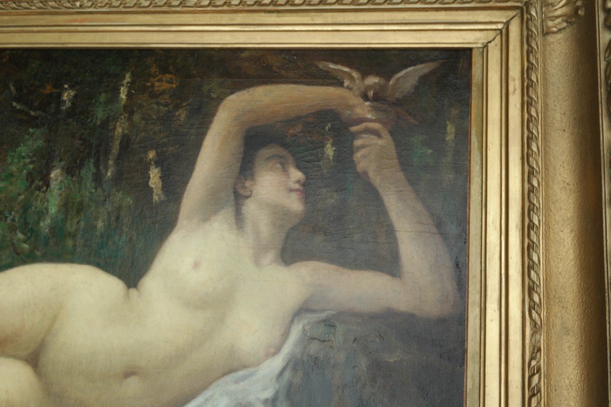 Nude With A Bird, Oil On Canvas By Alexis Ernest Charbonnier-photo-4