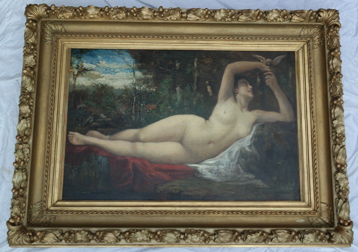 Nude With A Bird, Oil On Canvas By Alexis Ernest Charbonnier