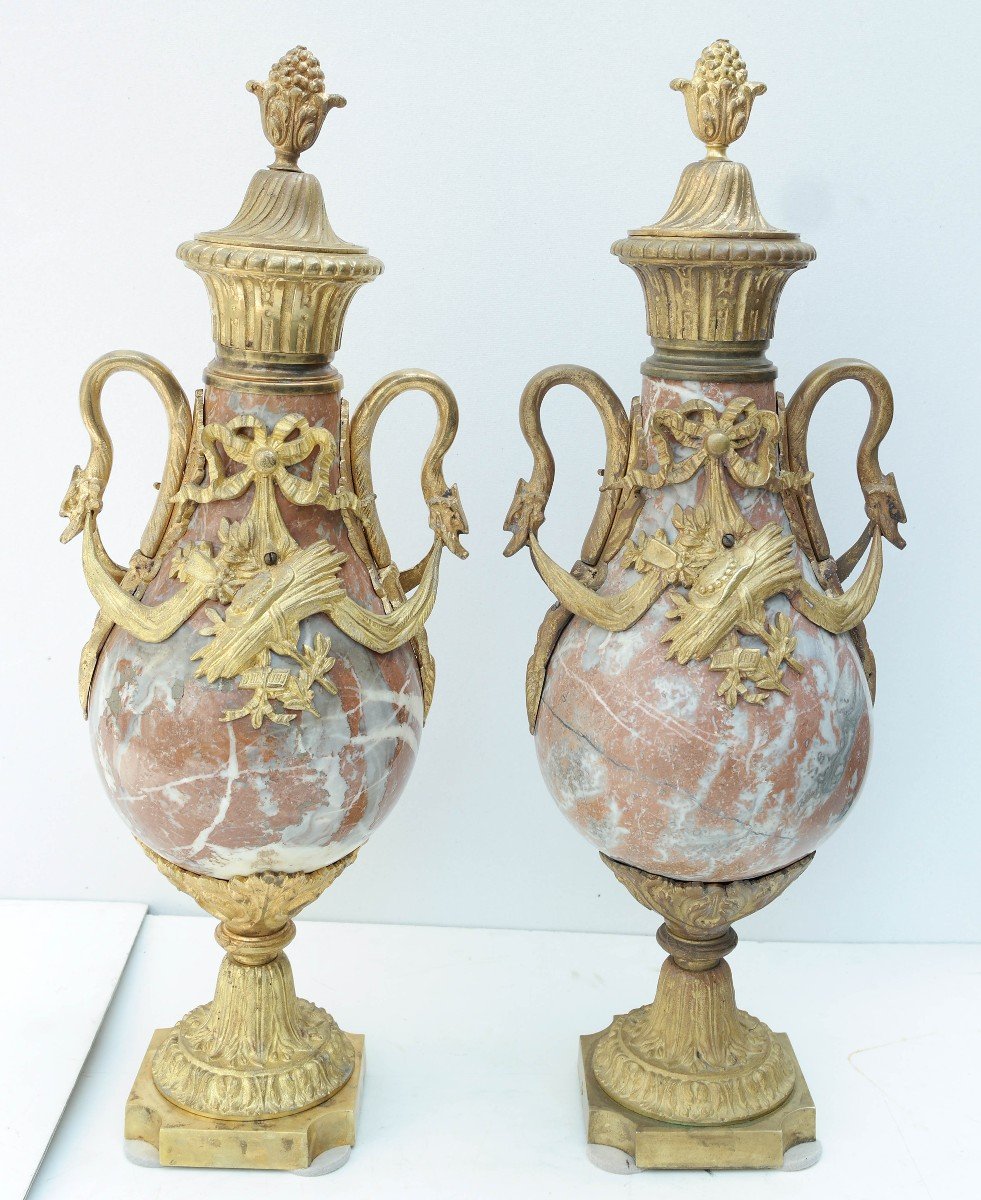 Pair Of Cassolettes In Marble And Bronze