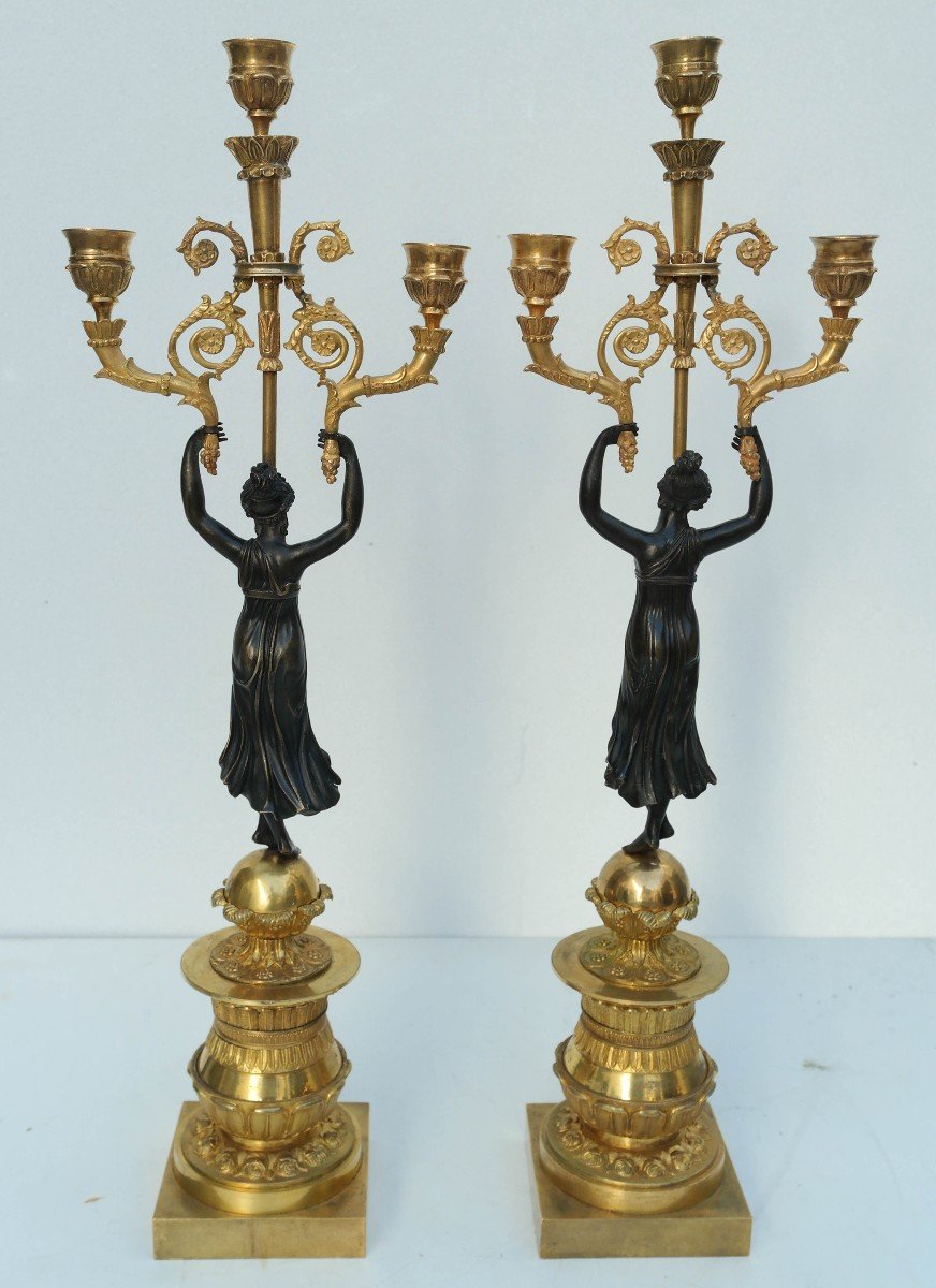 Pair Of Bronze Candelabra With Antique Decors Of Women-photo-3