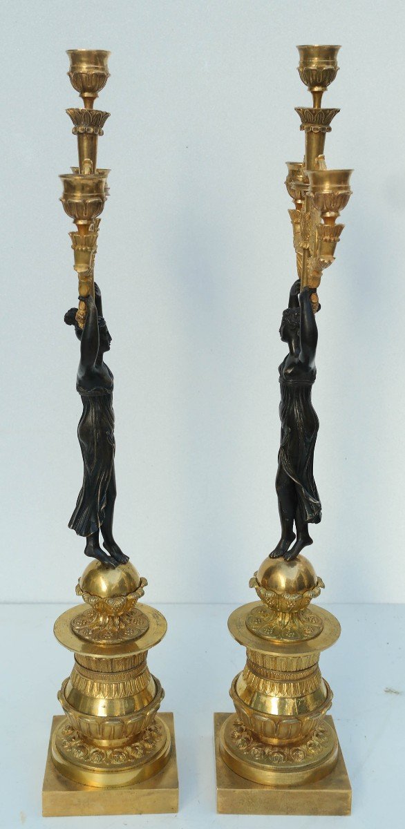 Pair Of Bronze Candelabra With Antique Decors Of Women-photo-4