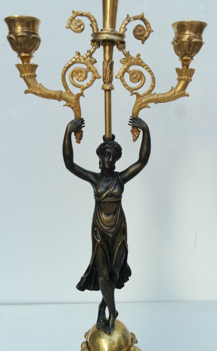 Pair Of Bronze Candelabra With Antique Decors Of Women-photo-2
