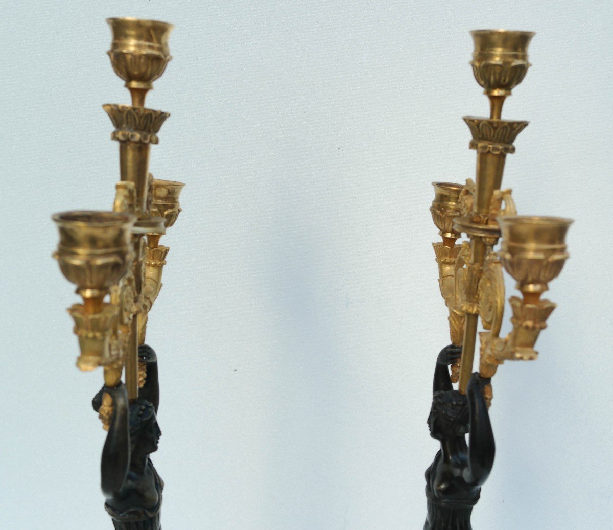 Pair Of Bronze Candelabra With Antique Decors Of Women-photo-6