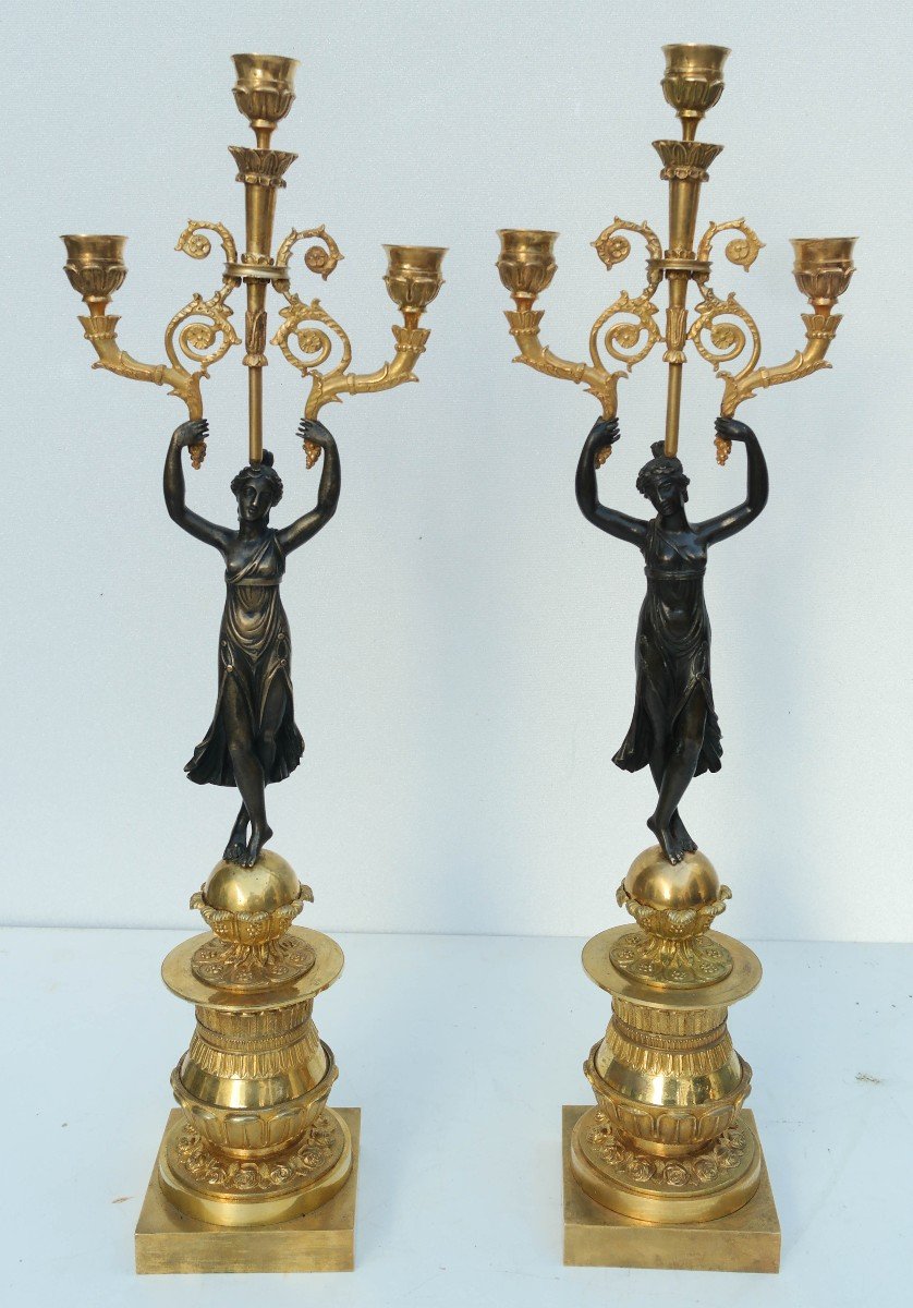 Pair Of Bronze Candelabra With Antique Decors Of Women