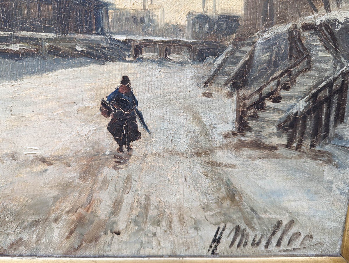 Pont De Tolbiac Sous La Neige, Huile Sur Toile Signé H Muller Circa 1889-photo-3