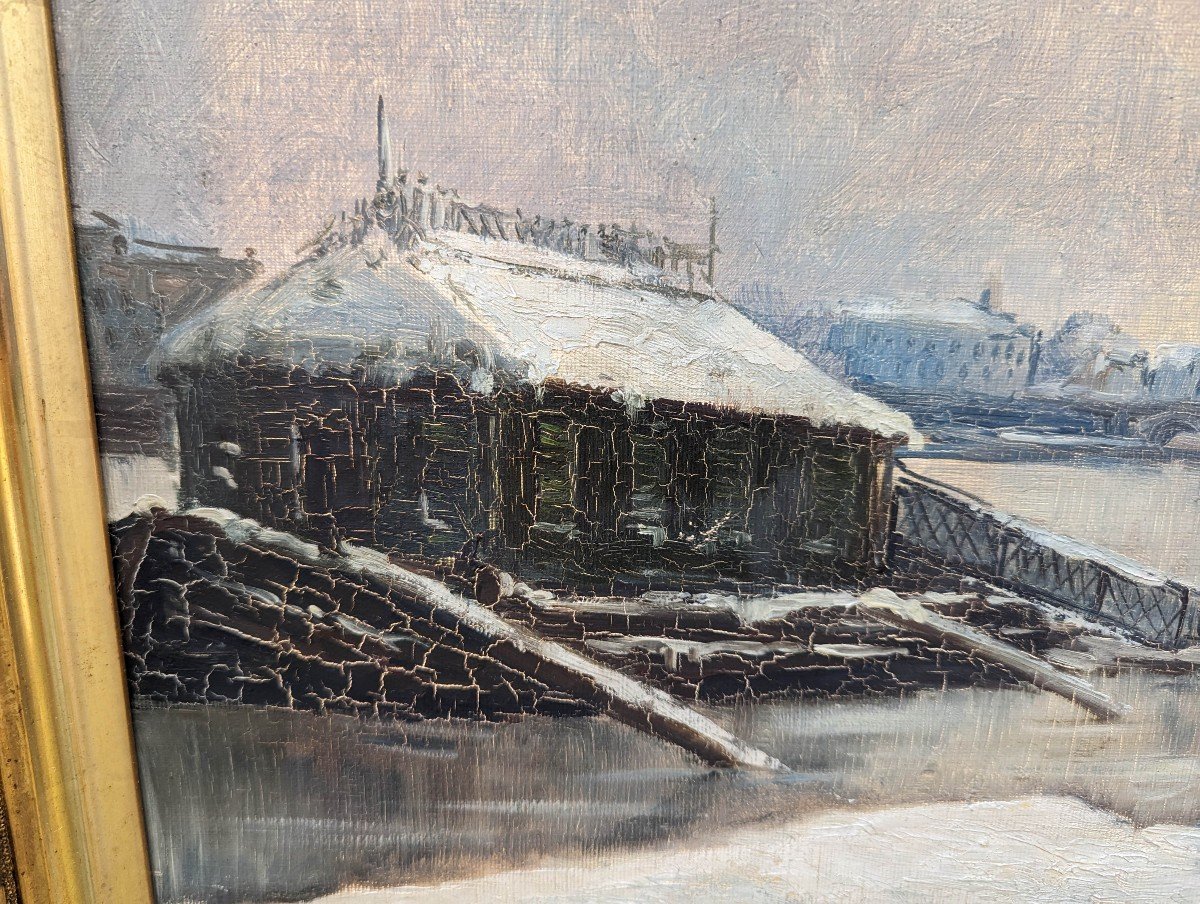 Pont De Tolbiac Sous La Neige, Huile Sur Toile Signé H Muller Circa 1889-photo-6