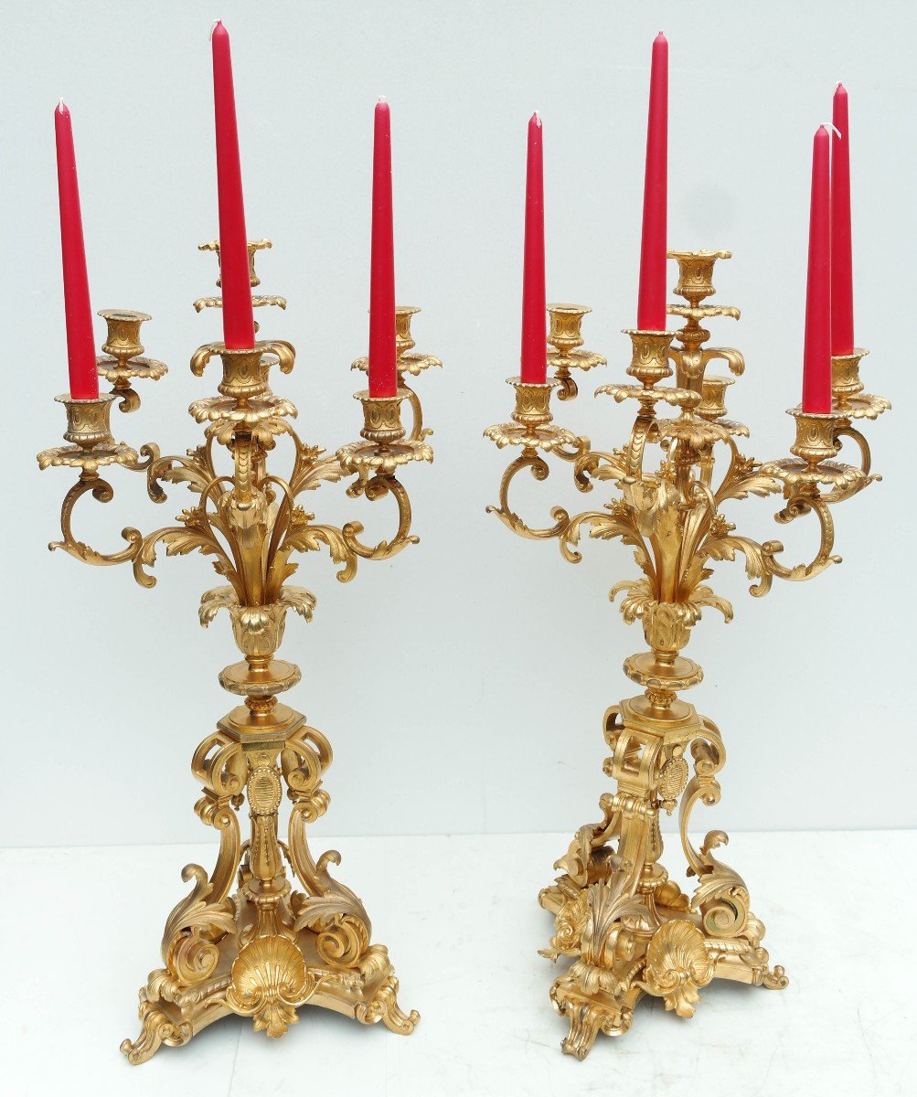 Pair Of Candelabra With 7 Lights In Gilt Bronze Napoleon III Period -photo-2