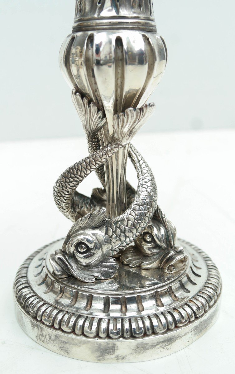 Pair Of Fish Candlesticks In Silver Bronze-photo-4