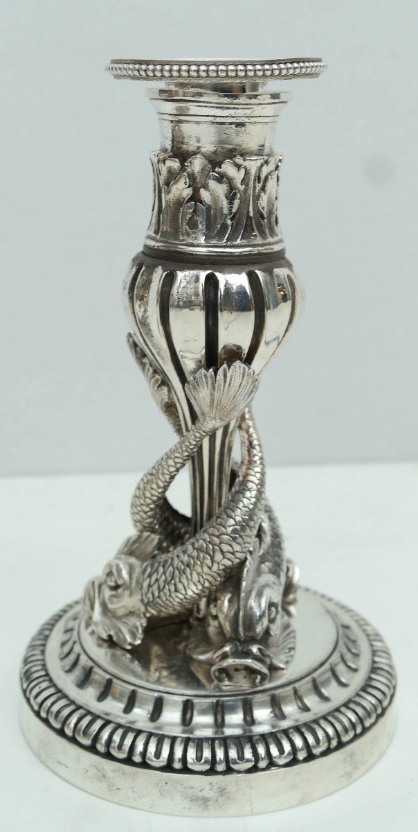 Pair Of Fish Candlesticks In Silver Bronze-photo-1