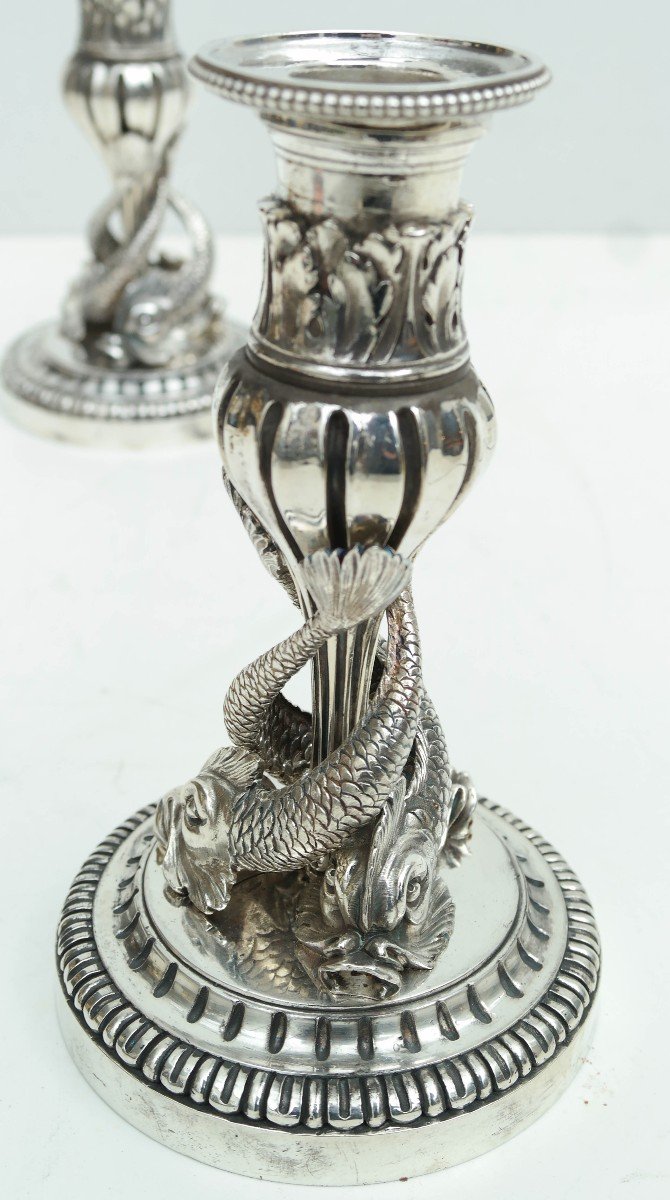 Pair Of Fish Candlesticks In Silver Bronze-photo-3
