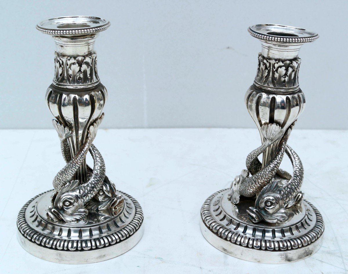 Pair Of Fish Candlesticks In Silver Bronze